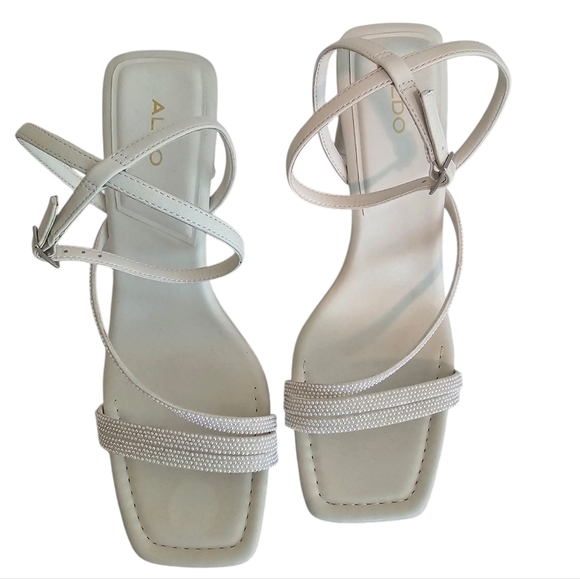 Aldo Square Toe White Pearl Embellished Strappy Heels - Picture 1 of 12